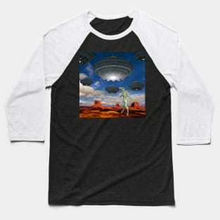 Alien UFO Cruising Over Desert - Alien Being Watching Baseball T-Shirt